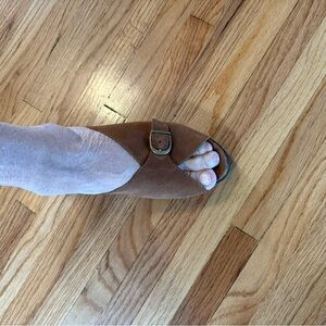 Ana-Tech Brown Suede/Leather  Open-Toe Slip-on Sandals with Buckle Detail. 7 1/2